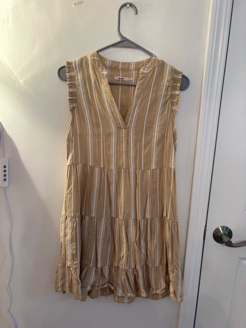 Francesca's Collections Striped Tiered Mini Dress in Tan and Ivory